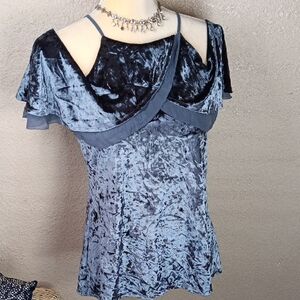WHBM Steel Blue Velvet Cold Shoulder Top M Whymsigoth Fairycore NWT